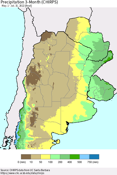 Southern South America Precipitation 3-Month (CHIRPS) Thematic Map For 5/1/2022 - 7/31/2022