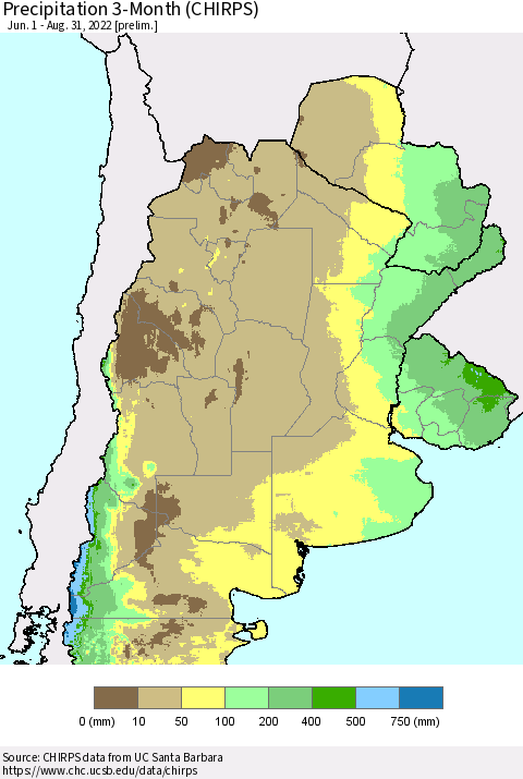 Southern South America Precipitation 3-Month (CHIRPS) Thematic Map For 6/1/2022 - 8/31/2022