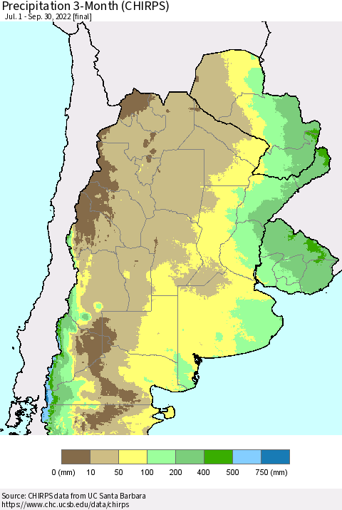 Southern South America Precipitation 3-Month (CHIRPS) Thematic Map For 7/1/2022 - 9/30/2022