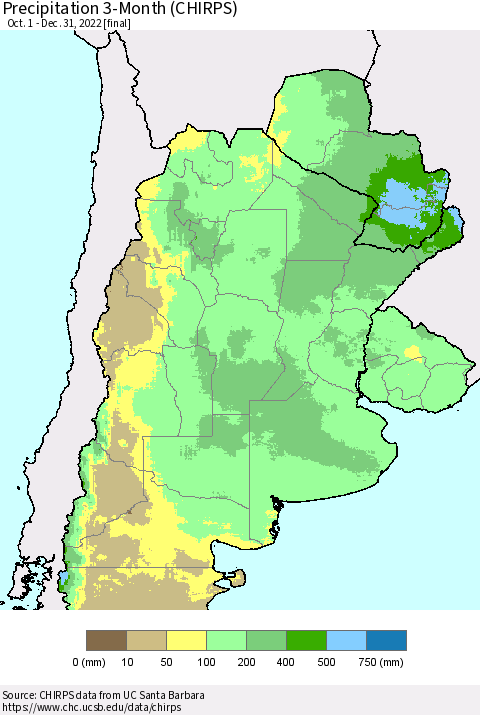 Southern South America Precipitation 3-Month (CHIRPS) Thematic Map For 10/1/2022 - 12/31/2022
