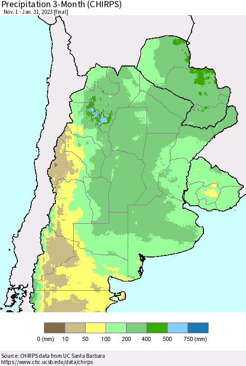 Southern South America Precipitation 3-Month (CHIRPS) Thematic Map For 11/1/2022 - 1/31/2023