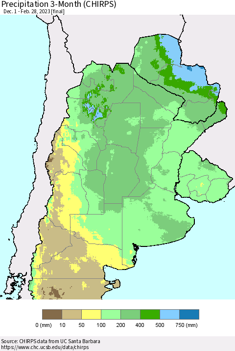 Southern South America Precipitation 3-Month (CHIRPS) Thematic Map For 12/1/2022 - 2/28/2023