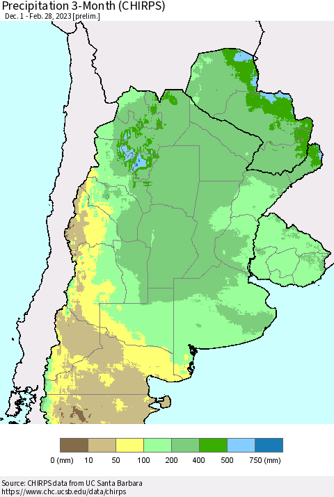 Southern South America Precipitation 3-Month (CHIRPS) Thematic Map For 12/1/2022 - 2/28/2023