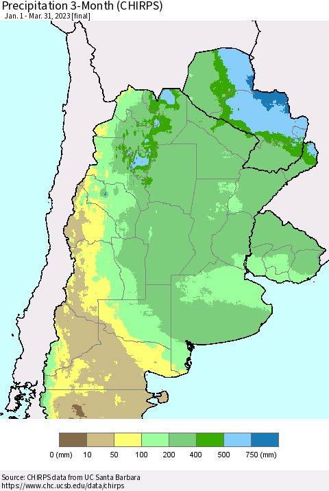 Southern South America Precipitation 3-Month (CHIRPS) Thematic Map For 1/1/2023 - 3/31/2023