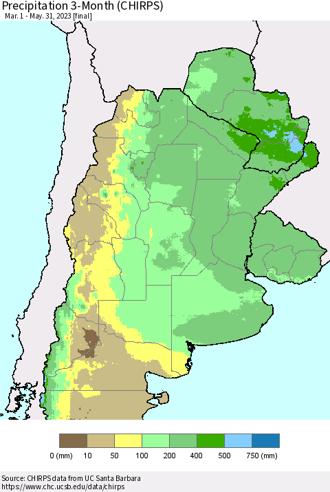 Southern South America Precipitation 3-Month (CHIRPS) Thematic Map For 3/1/2023 - 5/31/2023