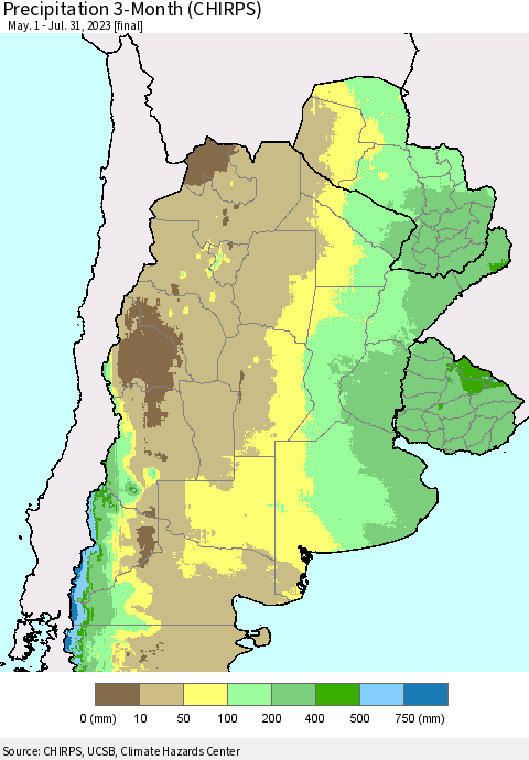 Southern South America Precipitation 3-Month (CHIRPS) Thematic Map For 5/1/2023 - 7/31/2023