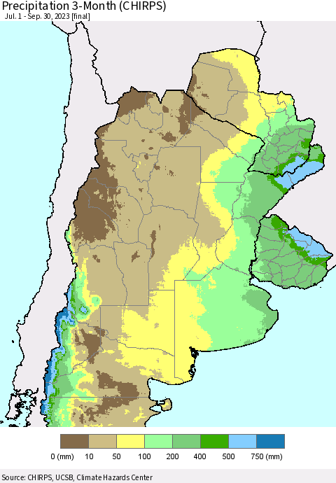 Southern South America Precipitation 3-Month (CHIRPS) Thematic Map For 7/1/2023 - 9/30/2023