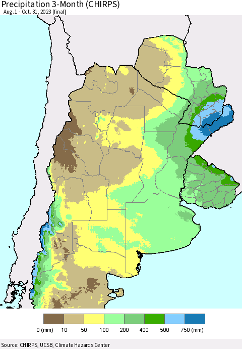 Southern South America Precipitation 3-Month (CHIRPS) Thematic Map For 8/1/2023 - 10/31/2023