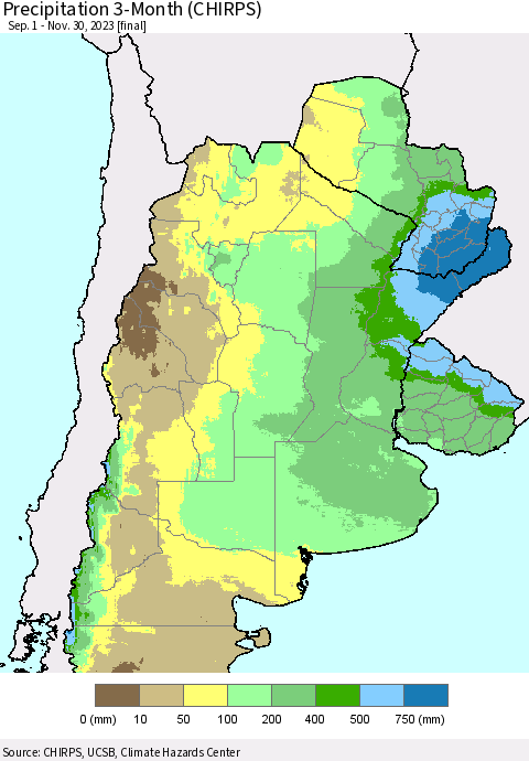 Southern South America Precipitation 3-Month (CHIRPS) Thematic Map For 9/1/2023 - 11/30/2023