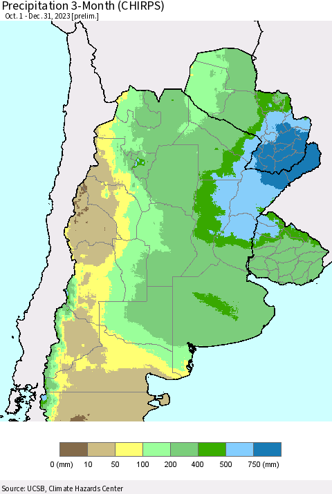 Southern South America Precipitation 3-Month (CHIRPS) Thematic Map For 10/1/2023 - 12/31/2023