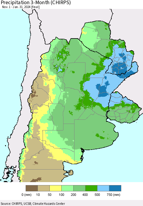 Southern South America Precipitation 3-Month (CHIRPS) Thematic Map For 11/1/2023 - 1/31/2024