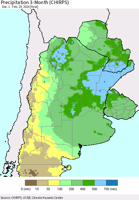 Southern South America Precipitation 3-Month (CHIRPS) Thematic Map For 12/1/2023 - 2/29/2024