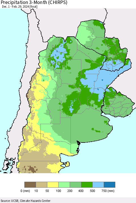 Southern South America Precipitation 3-Month (CHIRPS) Thematic Map For 12/1/2023 - 2/29/2024