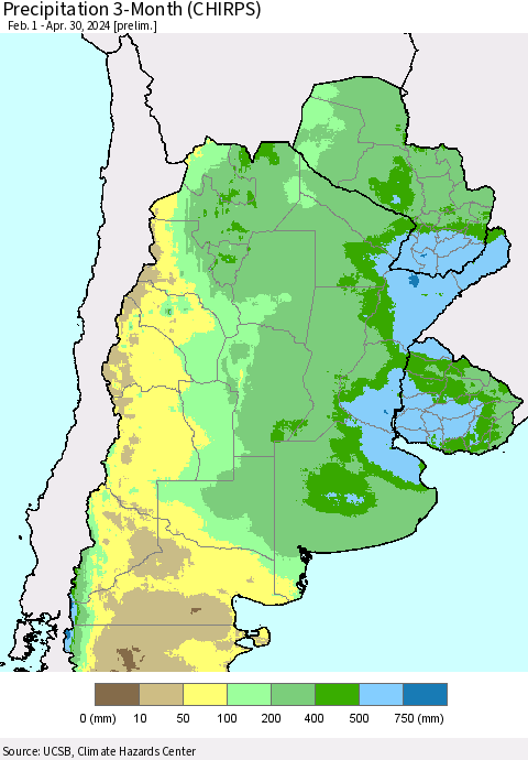 Southern South America Precipitation 3-Month (CHIRPS) Thematic Map For 2/1/2024 - 4/30/2024