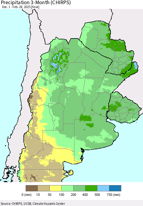 Southern South America Precipitation 3-Month (CHIRPS) Thematic Map For 12/1/2024 - 2/28/2025