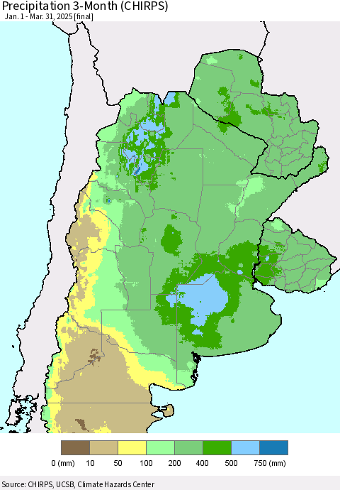 Southern South America Precipitation 3-Month (CHIRPS) Thematic Map For 1/1/2025 - 3/31/2025