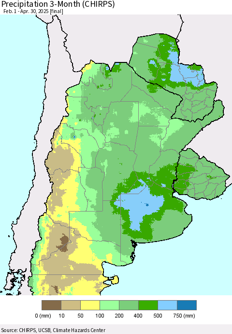 Southern South America Precipitation 3-Month (CHIRPS) Thematic Map For 2/1/2025 - 4/30/2025