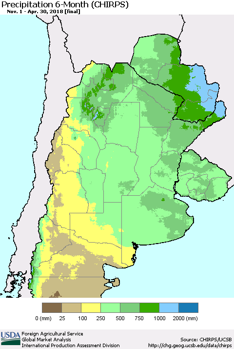Southern South America Precipitation 6-Month (CHIRPS) Thematic Map For 11/1/2017 - 4/30/2018
