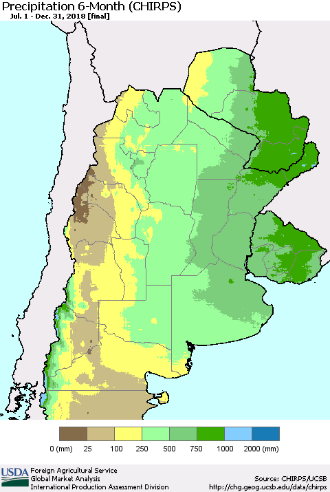 Southern South America Precipitation 6-Month (CHIRPS) Thematic Map For 7/1/2018 - 12/31/2018