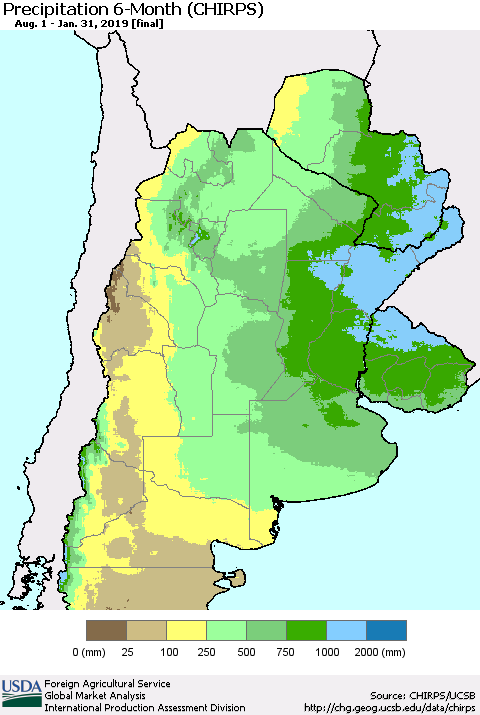 Southern South America Precipitation 6-Month (CHIRPS) Thematic Map For 8/1/2018 - 1/31/2019