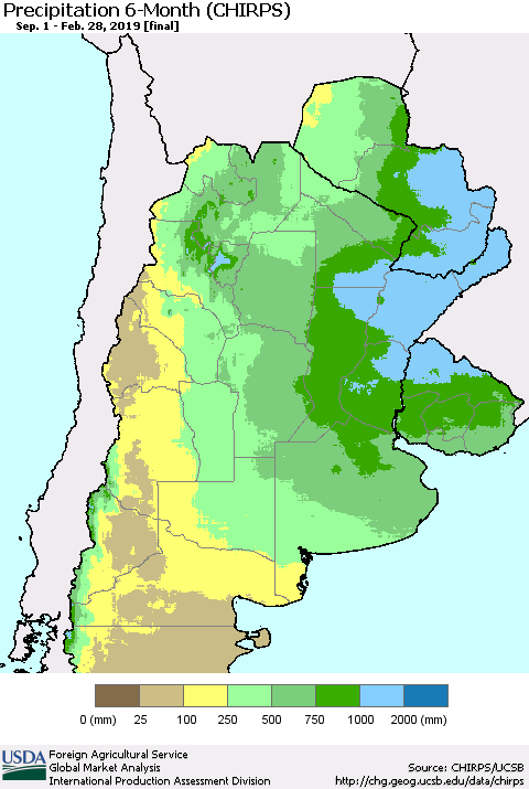 Southern South America Precipitation 6-Month (CHIRPS) Thematic Map For 9/1/2018 - 2/28/2019