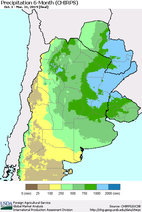 Southern South America Precipitation 6-Month (CHIRPS) Thematic Map For 10/1/2018 - 3/31/2019