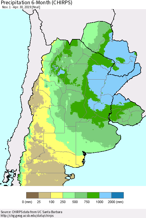 Southern South America Precipitation 6-Month (CHIRPS) Thematic Map For 11/1/2018 - 4/30/2019