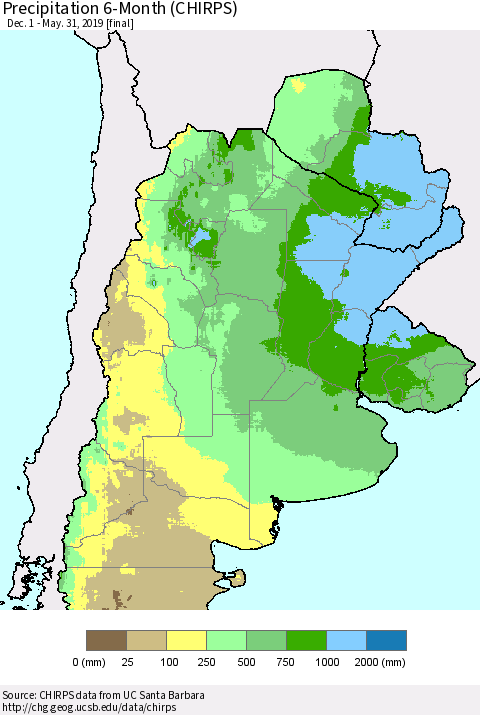 Southern South America Precipitation 6-Month (CHIRPS) Thematic Map For 12/1/2018 - 5/31/2019