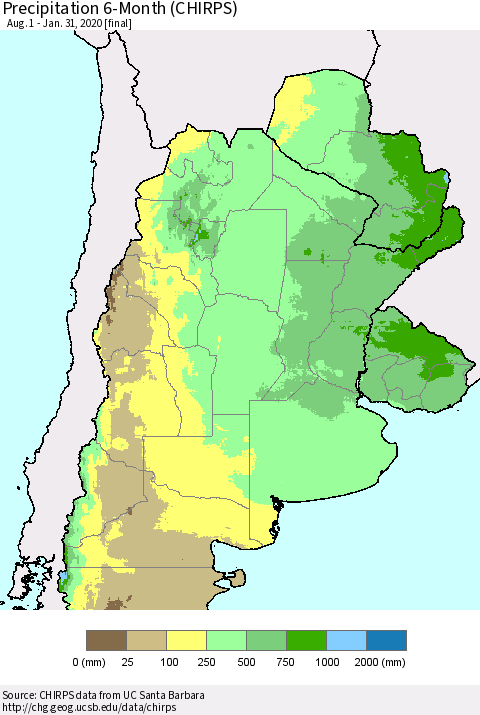 Southern South America Precipitation 6-Month (CHIRPS) Thematic Map For 8/1/2019 - 1/31/2020