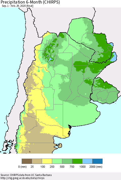 Southern South America Precipitation 6-Month (CHIRPS) Thematic Map For 9/1/2019 - 2/29/2020