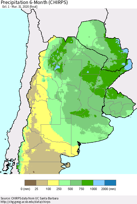 Southern South America Precipitation 6-Month (CHIRPS) Thematic Map For 10/1/2019 - 3/31/2020