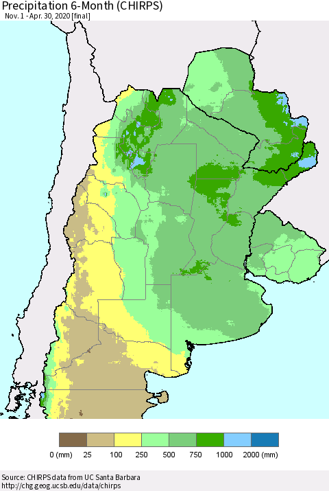 Southern South America Precipitation 6-Month (CHIRPS) Thematic Map For 11/1/2019 - 4/30/2020