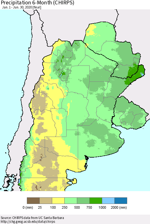 Southern South America Precipitation 6-Month (CHIRPS) Thematic Map For 1/1/2020 - 6/30/2020