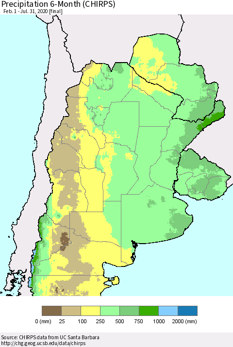 Southern South America Precipitation 6-Month (CHIRPS) Thematic Map For 2/1/2020 - 7/31/2020
