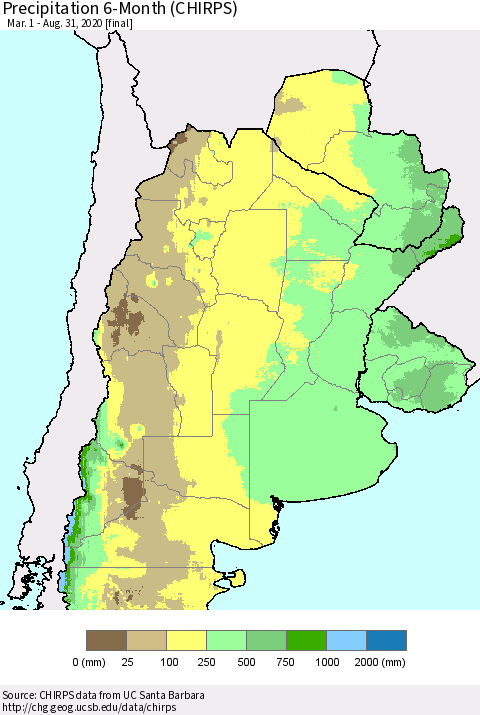 Southern South America Precipitation 6-Month (CHIRPS) Thematic Map For 3/1/2020 - 8/31/2020