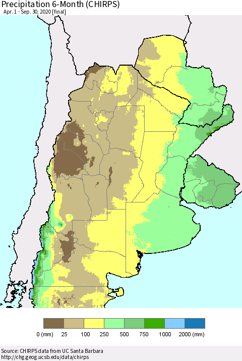 Southern South America Precipitation 6-Month (CHIRPS) Thematic Map For 4/1/2020 - 9/30/2020