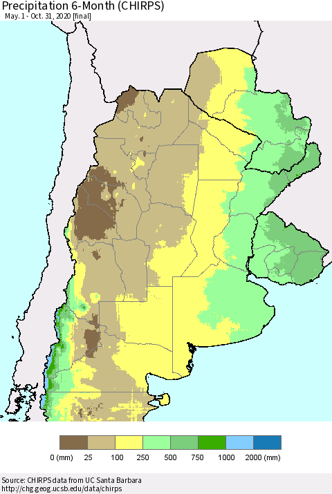 Southern South America Precipitation 6-Month (CHIRPS) Thematic Map For 5/1/2020 - 10/31/2020