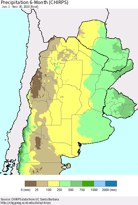 Southern South America Precipitation 6-Month (CHIRPS) Thematic Map For 6/1/2020 - 11/30/2020