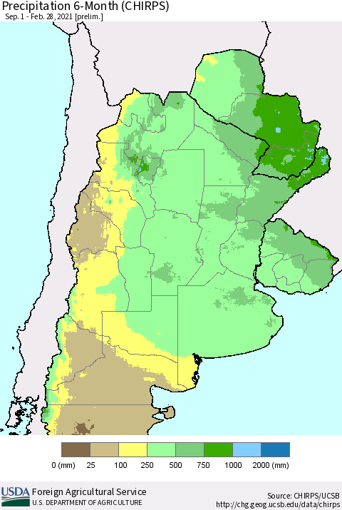 Southern South America Precipitation 6-Month (CHIRPS) Thematic Map For 9/1/2020 - 2/28/2021