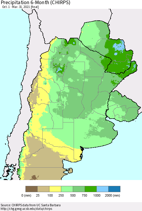 Southern South America Precipitation 6-Month (CHIRPS) Thematic Map For 10/1/2020 - 3/31/2021