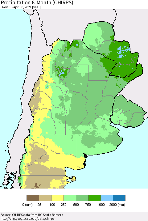Southern South America Precipitation 6-Month (CHIRPS) Thematic Map For 11/1/2020 - 4/30/2021