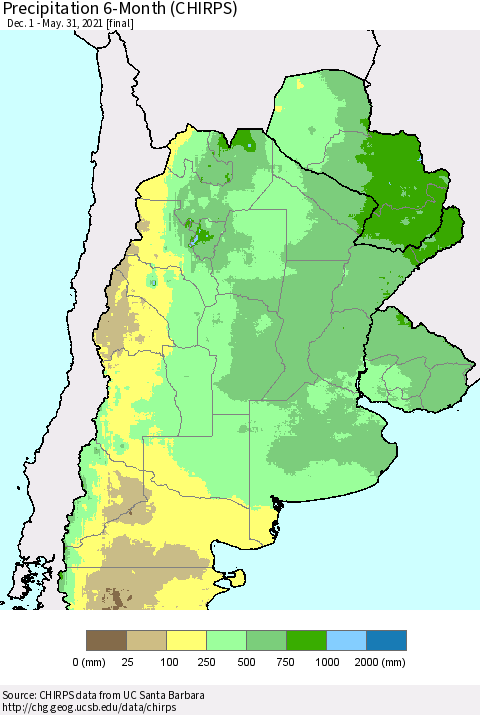 Southern South America Precipitation 6-Month (CHIRPS) Thematic Map For 12/1/2020 - 5/31/2021