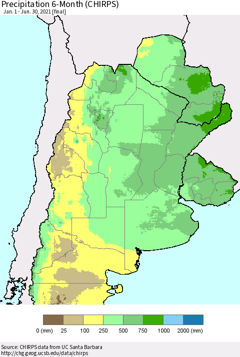 Southern South America Precipitation 6-Month (CHIRPS) Thematic Map For 1/1/2021 - 6/30/2021