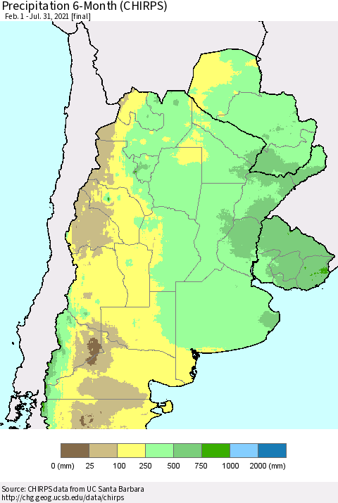 Southern South America Precipitation 6-Month (CHIRPS) Thematic Map For 2/1/2021 - 7/31/2021
