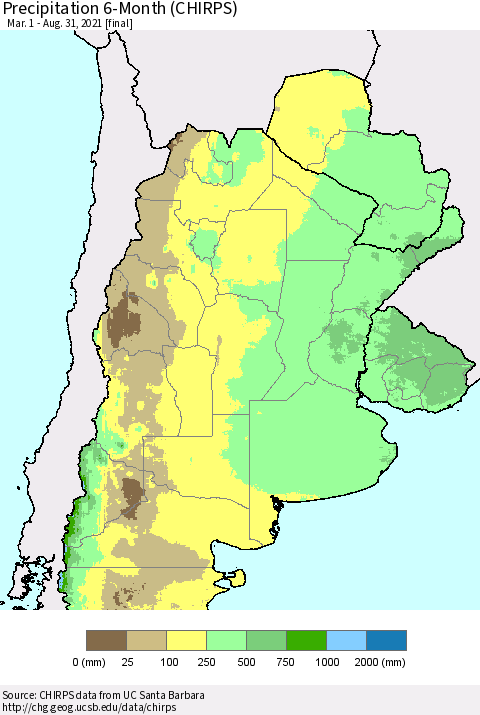 Southern South America Precipitation 6-Month (CHIRPS) Thematic Map For 3/1/2021 - 8/31/2021