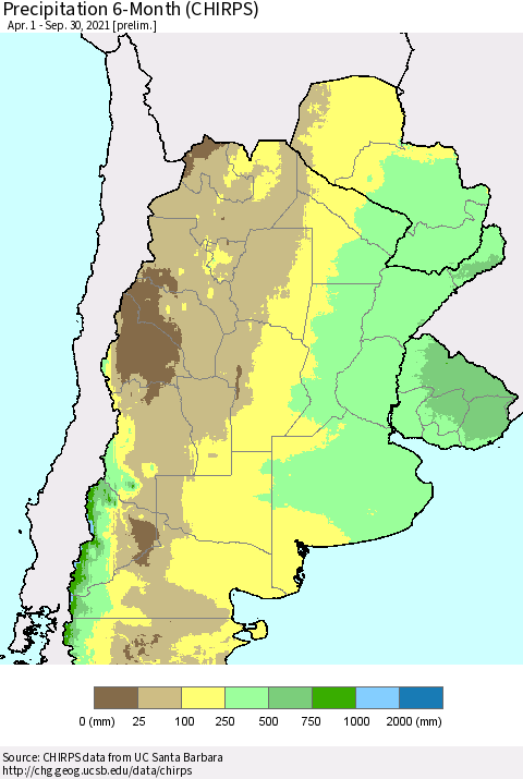 Southern South America Precipitation 6-Month (CHIRPS) Thematic Map For 4/1/2021 - 9/30/2021