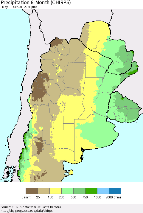 Southern South America Precipitation 6-Month (CHIRPS) Thematic Map For 5/1/2021 - 10/31/2021