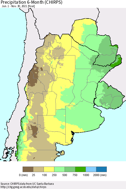 Southern South America Precipitation 6-Month (CHIRPS) Thematic Map For 6/1/2021 - 11/30/2021