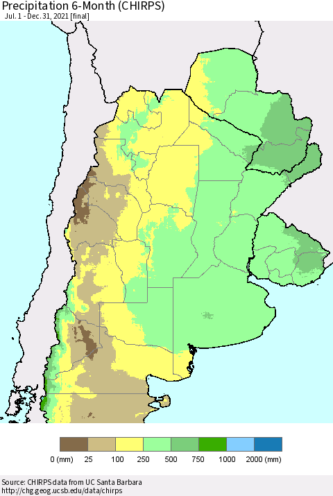 Southern South America Precipitation 6-Month (CHIRPS) Thematic Map For 7/1/2021 - 12/31/2021