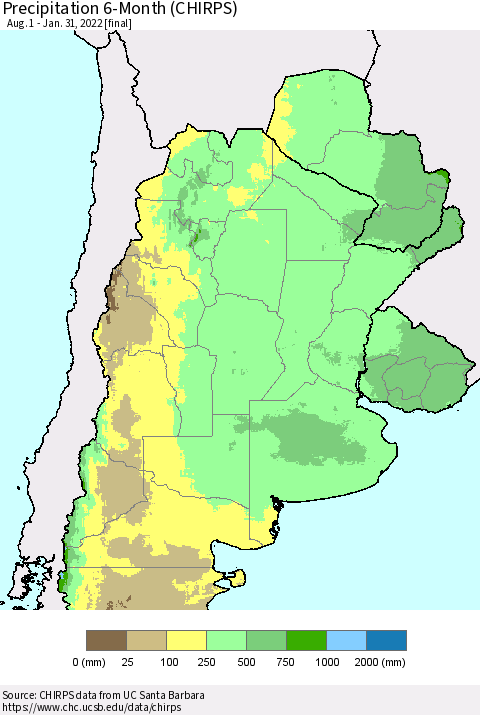 Southern South America Precipitation 6-Month (CHIRPS) Thematic Map For 8/1/2021 - 1/31/2022